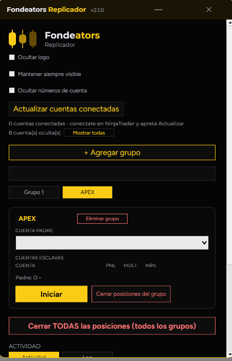 Panel del Replicador de Fondeators para NinjaTrader 8