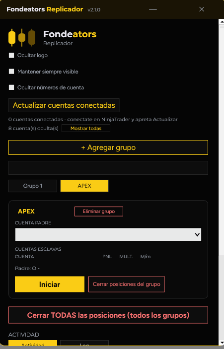 Panel del Replicador de Fondeators para NinjaTrader 8